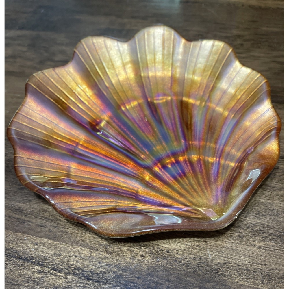 Vintage Marigold, carnival glass, scallop shell trinket tray Iridescent Finish